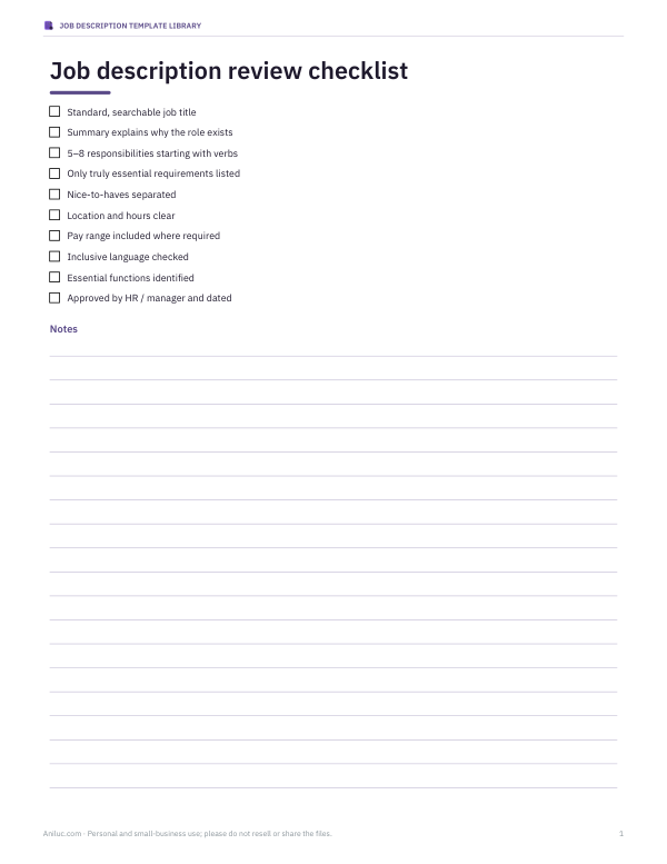 Preview of Job Description Review Checklist